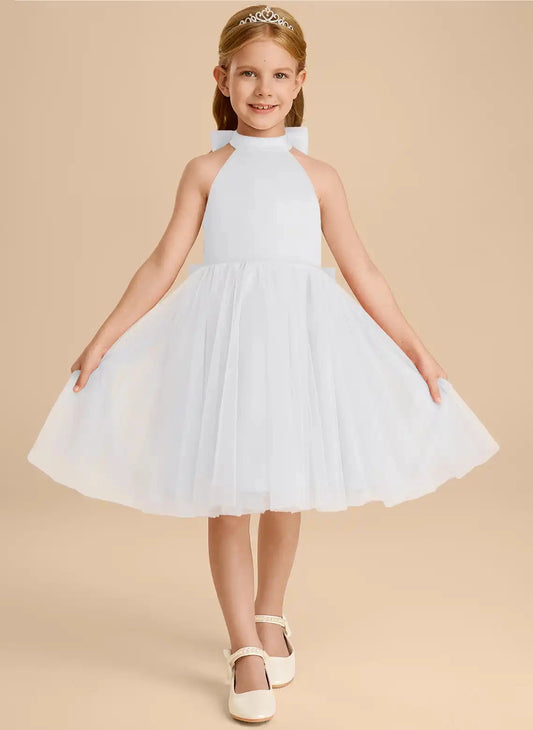 Elegant A Line Halter Sleeveless Bow Back Knee Length Flower Girl Dress
