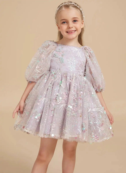 Iridescent A-Line Square Neck Puff Sleeve Bow Back Mini Flower Girl Dress