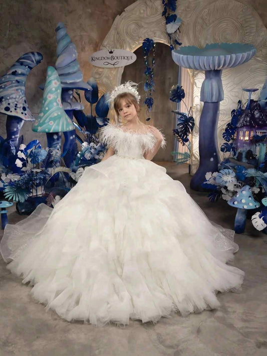 Luxury Ballgown Off?Shoulder Feather Short Sleeve Lace?Up Back Train Pageant Gown