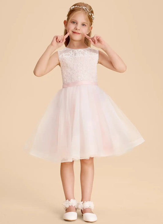 Elegant A Line Round Neck Sleeveless Cutout Back Knee Length Flower Girl Dress