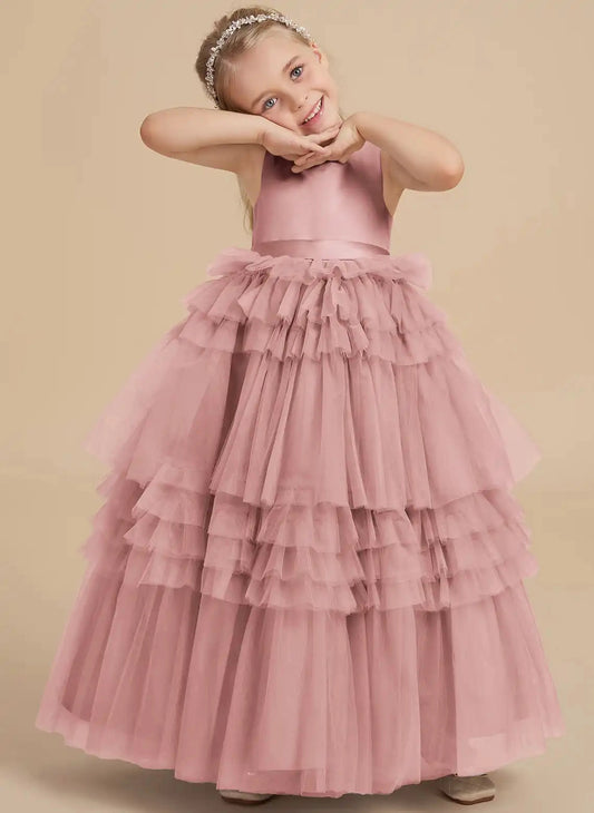 Elegant A?Line Sleeveless Crew Neck Cutout Back Floor?Length Junior Bridesmaid Dress >
