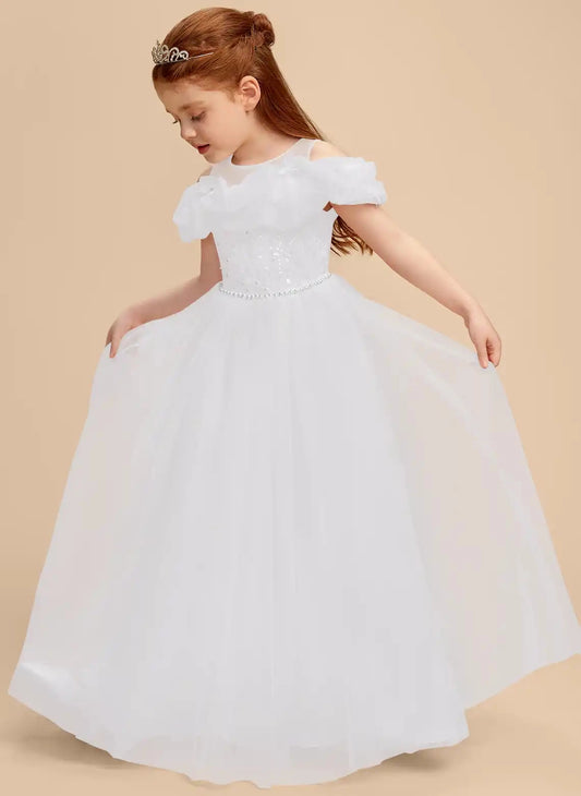 Elegant A?Line Cold Shoulder Off?Shoulder Zipper?Back Floor?Length First Communion Dress