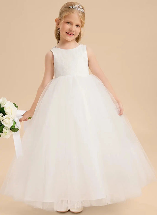 Elegant Ball Gown Round Neck Sleeveless Pearl V?Back Floor Length First Communion Dress