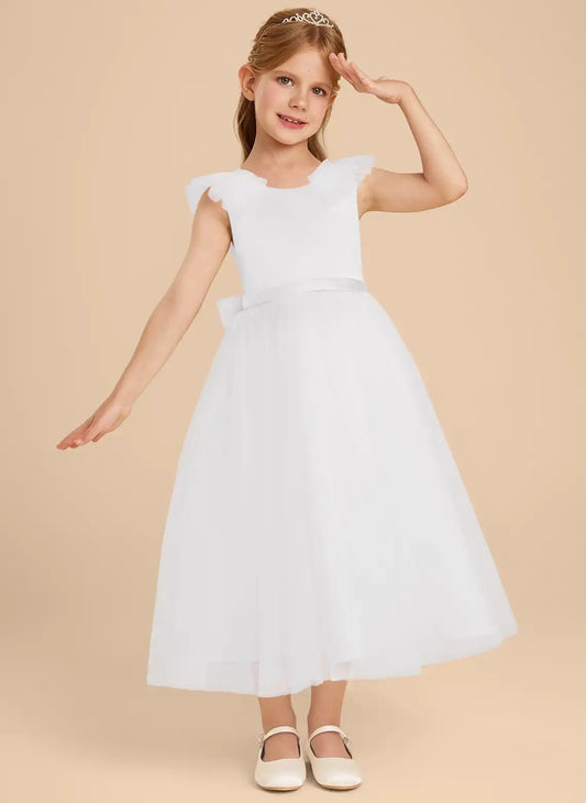 Elegant A-Line Round Neck Flutter Sleeve V-Back Midi Flower Girl Dress