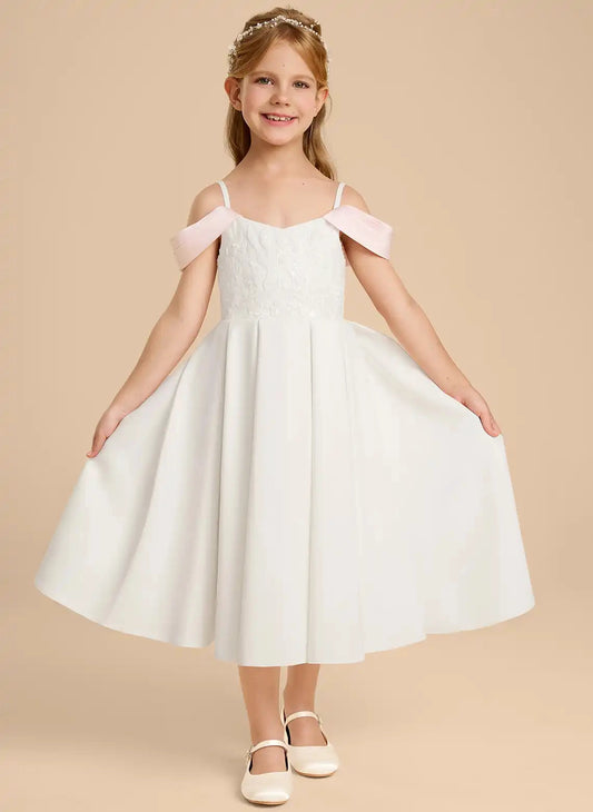 Elegant A?Line Off?The?Shoulder Cold Shoulder Spaghetti Strap Bow Back Midi First Communion Dress