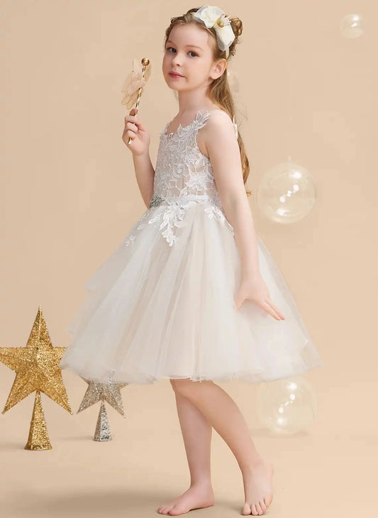 White A-line Square Neck Sleeveless Lace Zipper Back Knee Length Flower Girl Dress