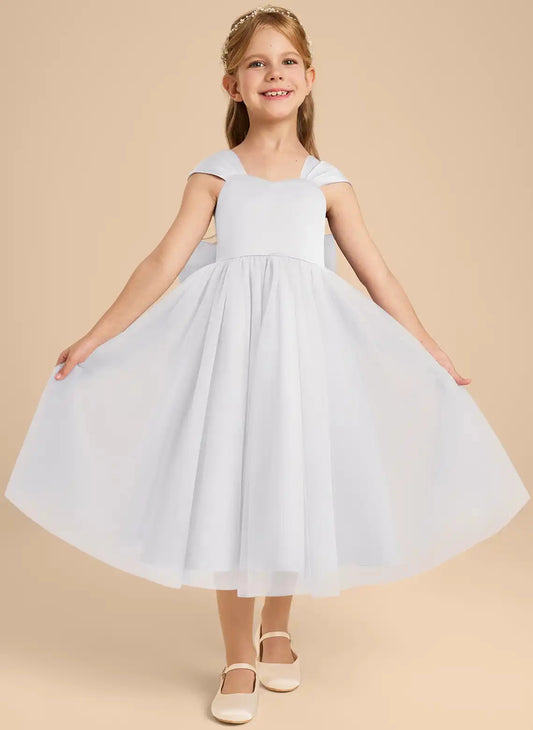 Elegant A?Line Sweetheart Off?Shoulder Cap Sleeve Open Back Midi Junior Bridesmaid Dress