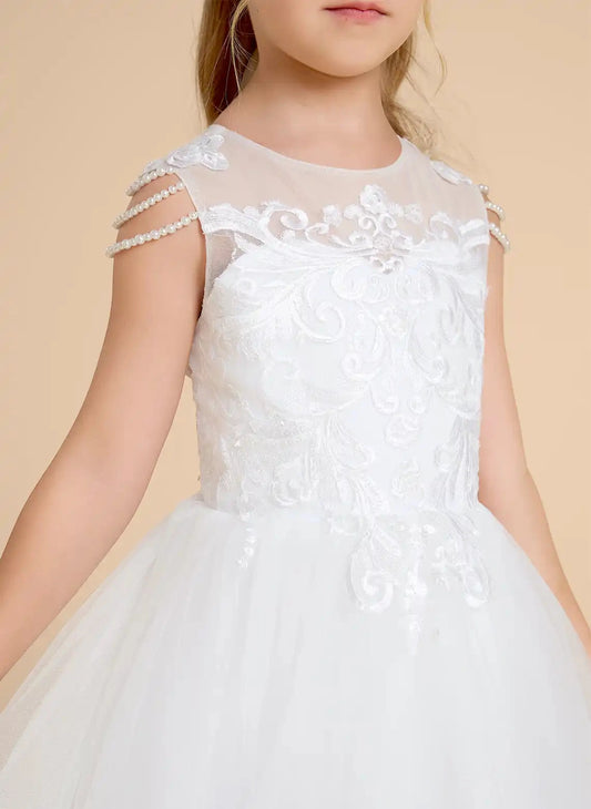 Elegant Ball Gown Illusion Neck Pearl Strap Sheer Lace Back Floor Length First Communion Dress