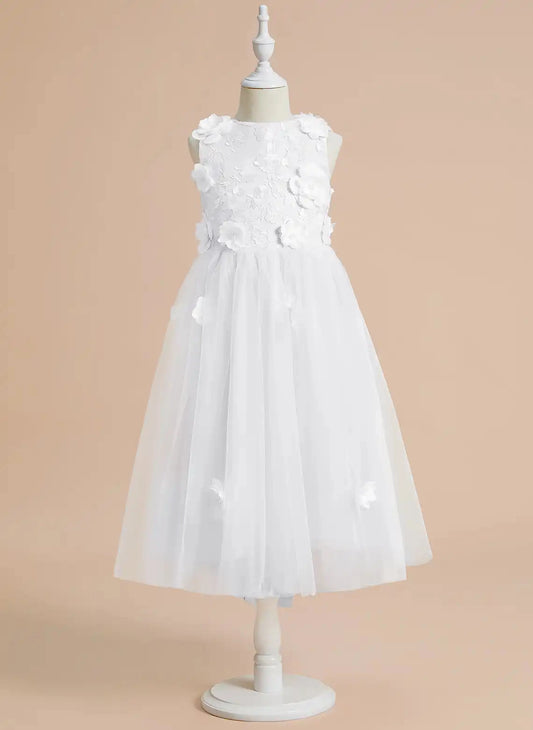 Sweet A-line Round Neck Sleeveless Zipper Back Midi Flower Girl Dress