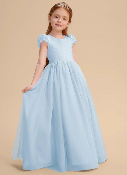 Elegant A?Line Round Neck Cap Sleeve Keyhole Back Floor?Length Flower Girl Dress