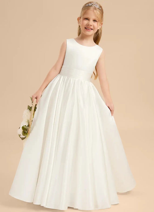 Elegant A Line Round Neck Sleeveless V Back Long Flower Girl Dress For Wedding