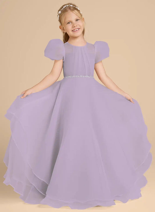 Elegant A?Line Round Neck Puff Short Sleeve Sheer Back Floor?Length Flower Girl Dress