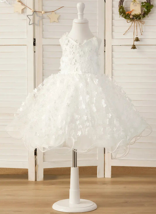 White A Line V Neck Sleeveless V Back Knee Length Flower Girl Dress