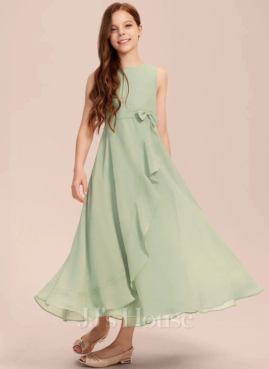 Elegant A?Line Round Neck Sleeveless Zipper?Back Ankle?Length Junior Bridesmaid Dress >