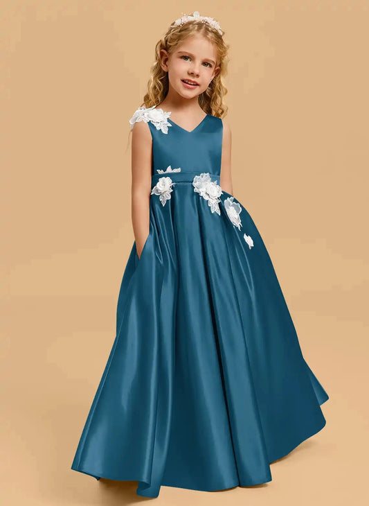 Elegant A-line V Neck Sleeveless V Back Floor Length Flower Girl Dress