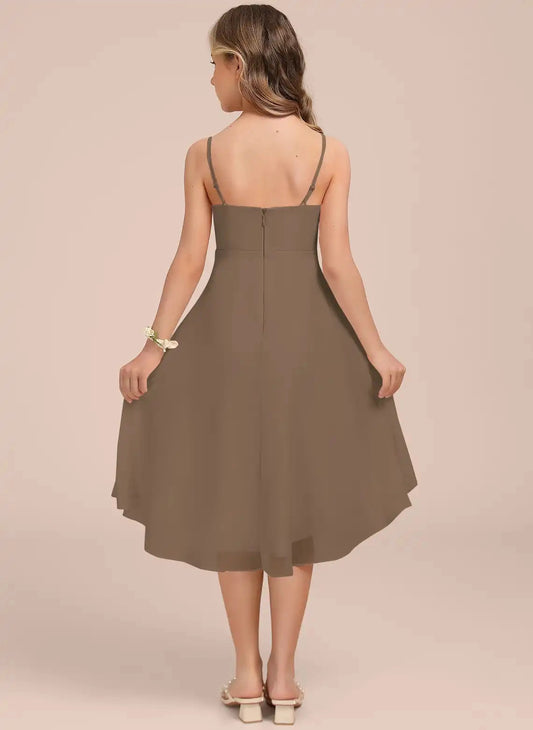 Flowy A-Line V Neck Spaghetti Strap Zipper Back Hi-Lo Junior Bridesmaid Dress