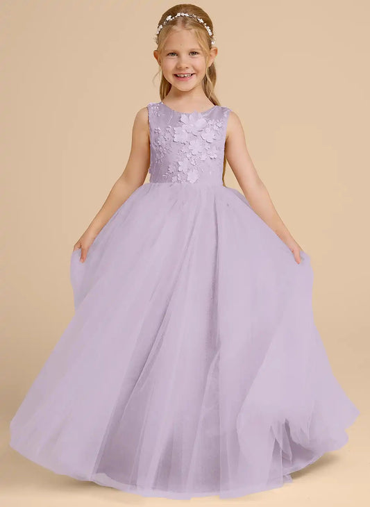 Elegant Ball Gown Round Neck Sleeveless Scalloped V Back Long Flower Girl Dress
