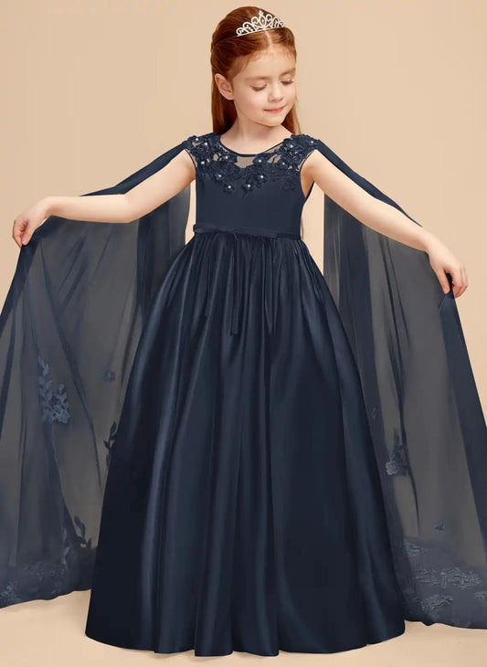 Elegant A-line Round Neck Sleeveless V Back Floor Length Flower Girl Dress