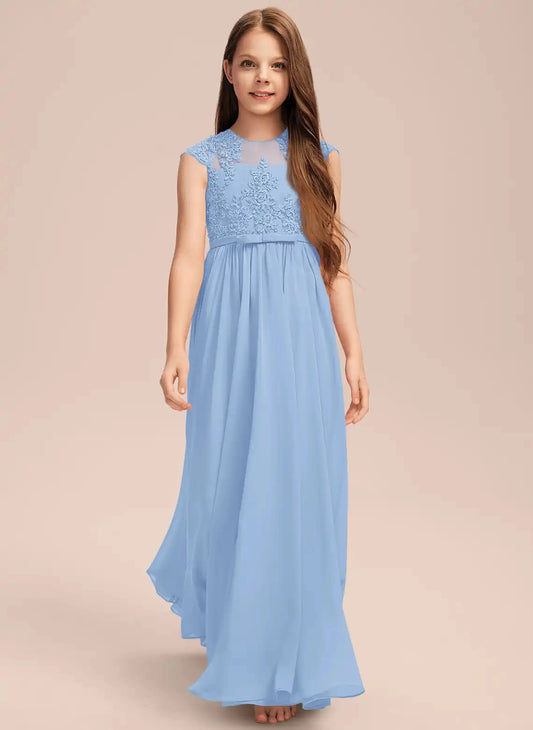 Elegant A?Line Round Neck Cap Sleeve Illusion Back Floor?Length Junior Bridesmaid Dress
