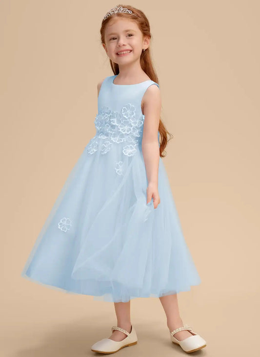 Elegant A?Line Round Neck Sleeveless V?Back Ankle Length Flower Girl Dress