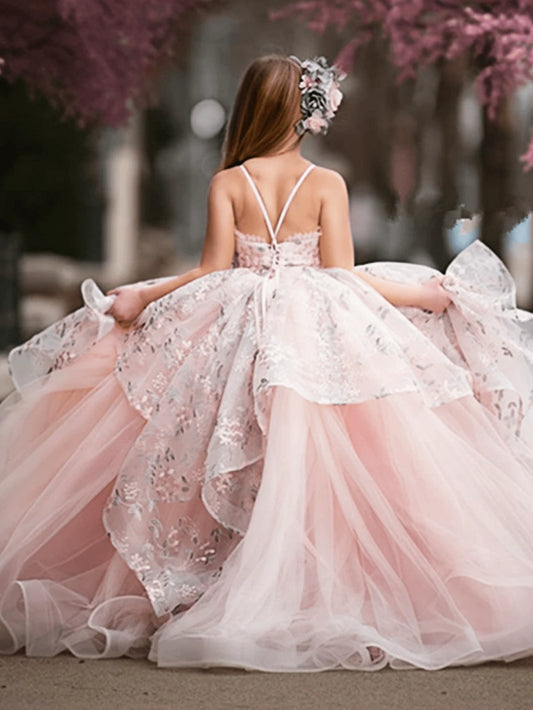 Blush Ball Gown Spaghetti Straps Sleeveless Lace?Up Back Floor?Length Flower Girl Dress
