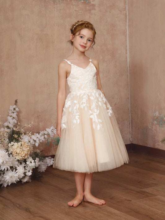 Romantic A?Line V?Neck Spaghetti?Strap Zipper?Back Midi?Length Flower Girl Dress