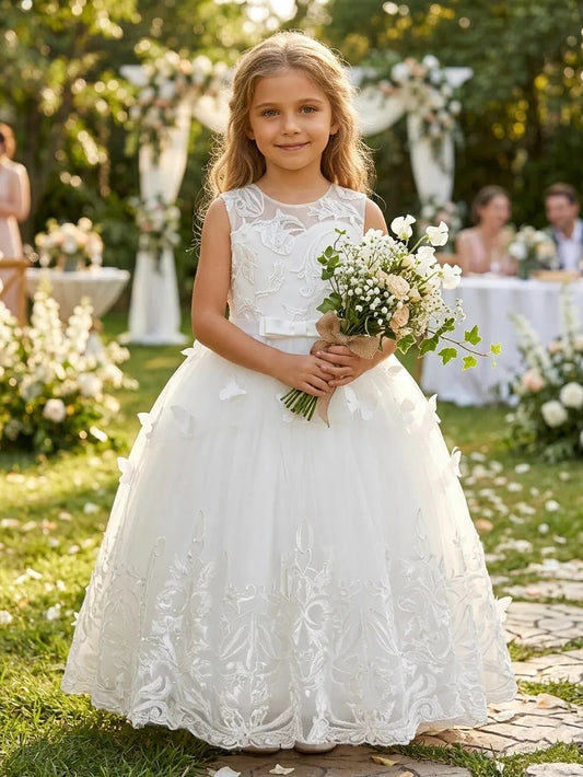 Elegant A-Line Princess Scoop Neck Sleeveless Butterfly Back Floor-Length Flower Girl Dresses