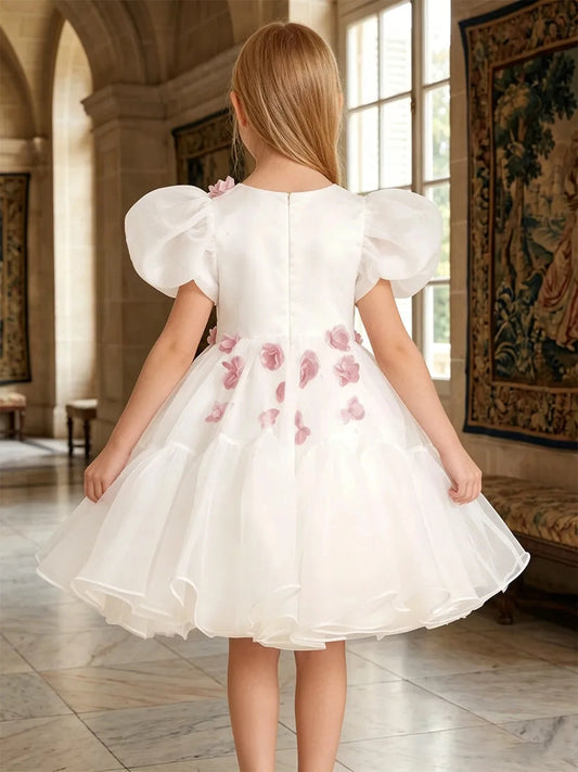 Romantic A?Line Round?Neck Puff?Sleeve Zip?Back Knee?Length 3D Petal Flower Girl Dress