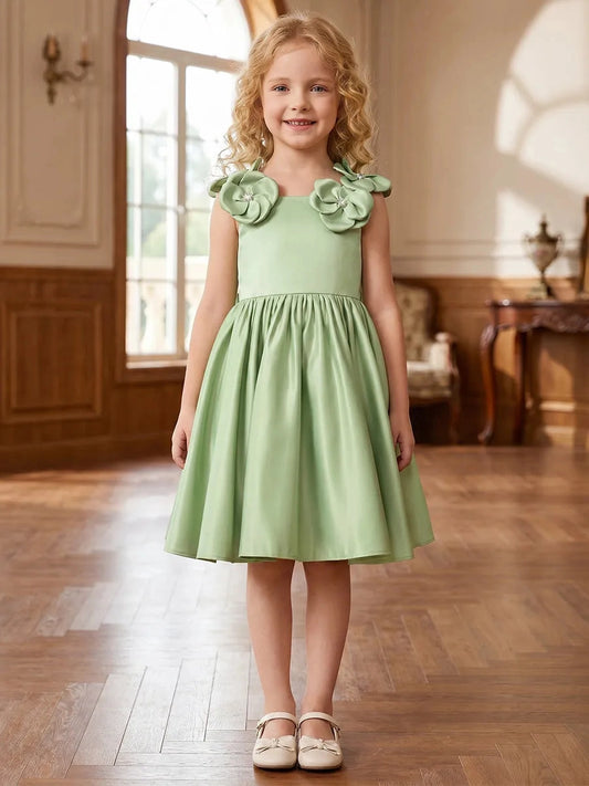 Elegant A?Line Square?Neck Sleeveless Zip?Back Midi?Length Satin Flower Girls Dress With Shoulder Flowers & Big Back Bow