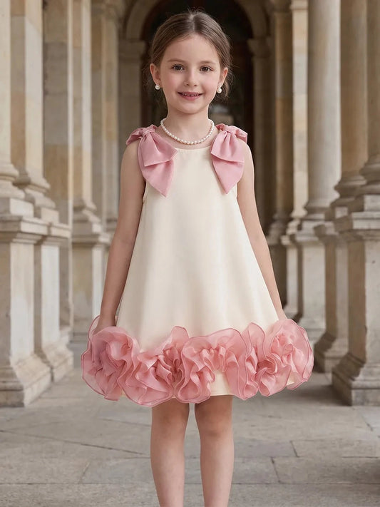 Chic Shift?Style Square?Neck Sleeveless Zip?Back Mini?Dress Pink Bow Ruffle Hem Girls Party Dress