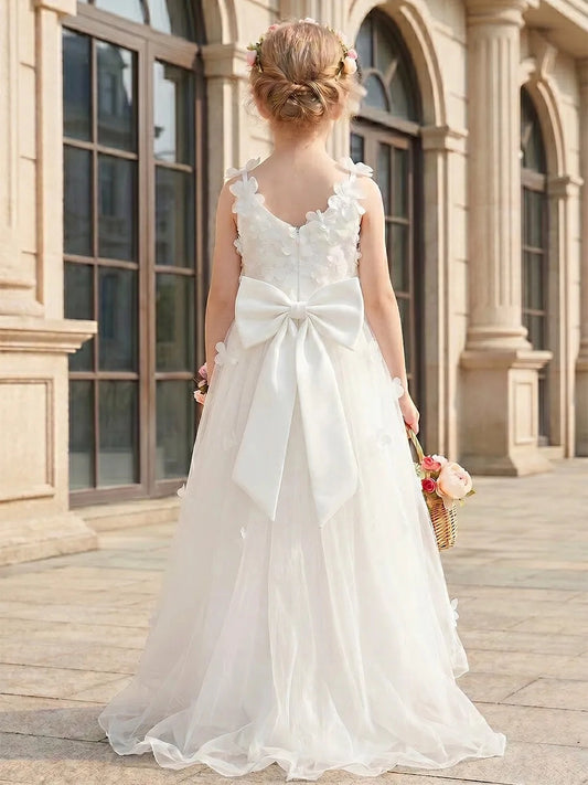 Gorgeous High?Low A?Line V?Neck Sleeveless Zip?Back White 3D Floral Tulle Flower Girl Gown With Large Back Bow