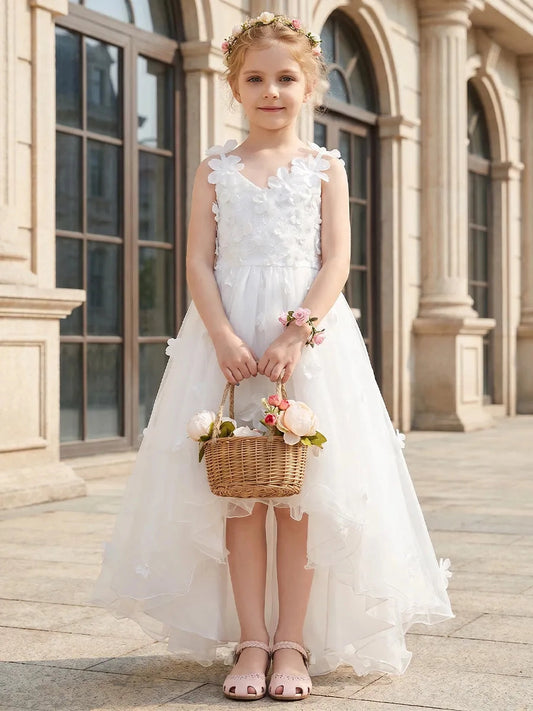 Gorgeous High?Low A?Line V?Neck Sleeveless Zip?Back White 3D Floral Tulle Flower Girl Gown With Large Back Bow