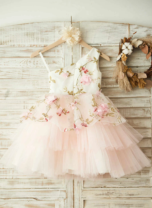 Floral A?Line One?Shoulder Single Strap Zipper?Back Knee?Length Flower Girl Dress