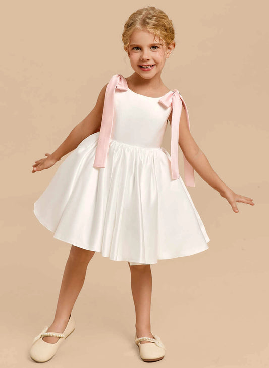 Satin A-Line Square Neck Sleeveless Zipper Back Knee-Length Flower Girl Dress