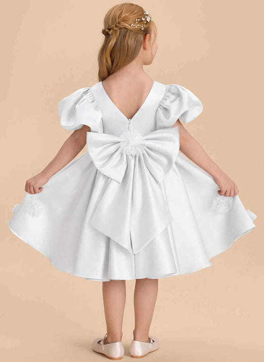 Elegant A?line Round Neck Puff Sleeve V?Back Knee Length First Communion Dress