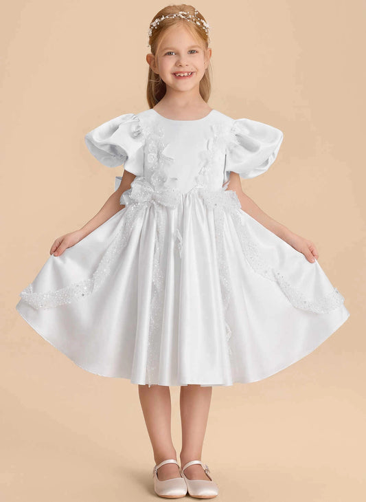 Elegant A?line Round Neck Puff Sleeve V?Back Knee Length First Communion Dress