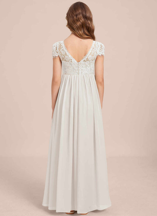 Elegant A Line Boat Neck Cap Sleeve V Back Floor Length First Communion Dress