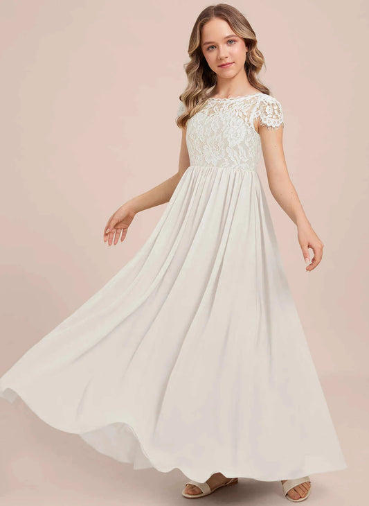 Elegant A Line Boat Neck Cap Sleeve V Back Floor Length First Communion Dress