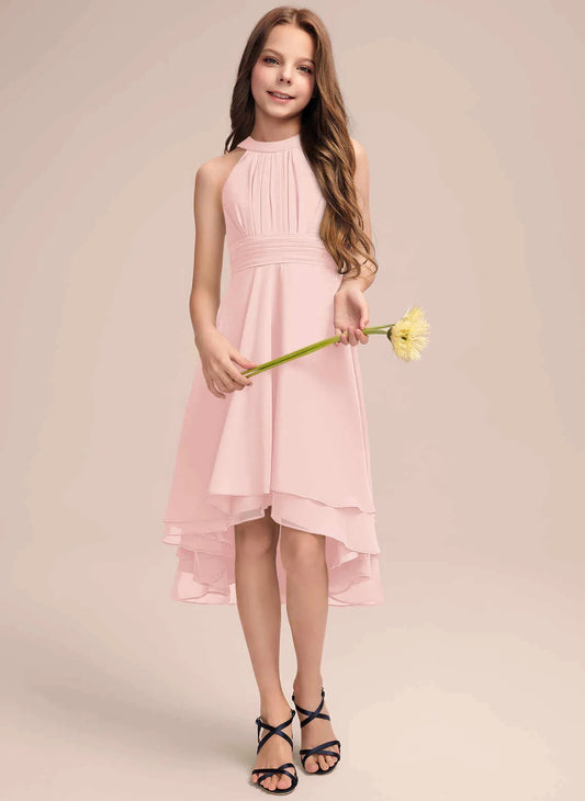 Elegant A-Line Halter Sleeveless Zipper Back Hi-Low Junior Bridesmaid Dress
