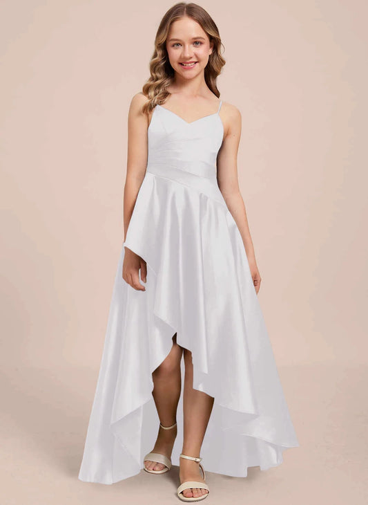 Luxury Satin A-line V-neck Spaghetti Straps Open Back Hi-Lo Junior Bridesmaid Dress