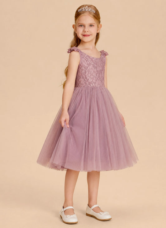 Elegant A-Line Scoop Sleeveless V-Back Midi Flower Girl Dress First Communion Dresses