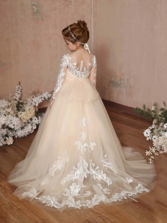Luxury Ball?Gown Illusion?Neck Long?Sleeve Lace?Back Train?Length Flower Girl Dress