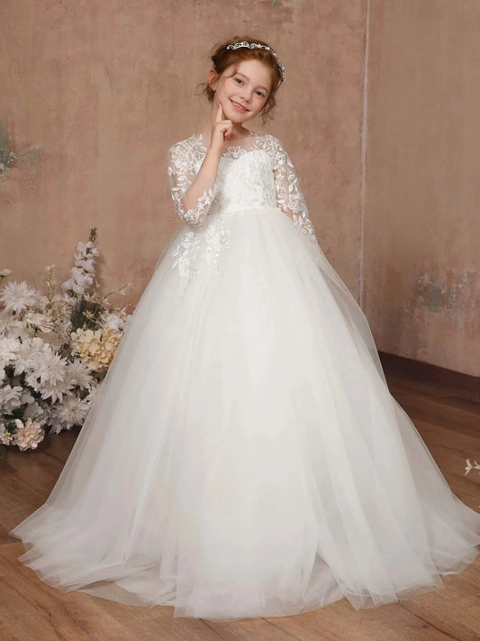 Elegant Ball?Gown Illusion?Neck 3/4?Sleeve Bow?Back Train?Length First Communion Dress