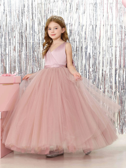 Romantic Ball?Gown V?Neck Sleeveless Bow?Back Floor?Length Junior Bridesmaid Dress