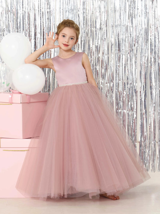 Elegant Ball?Gown Round?Neck Sleeveless V?Back Floor?Length Pearl Waist Flower Girl Dress