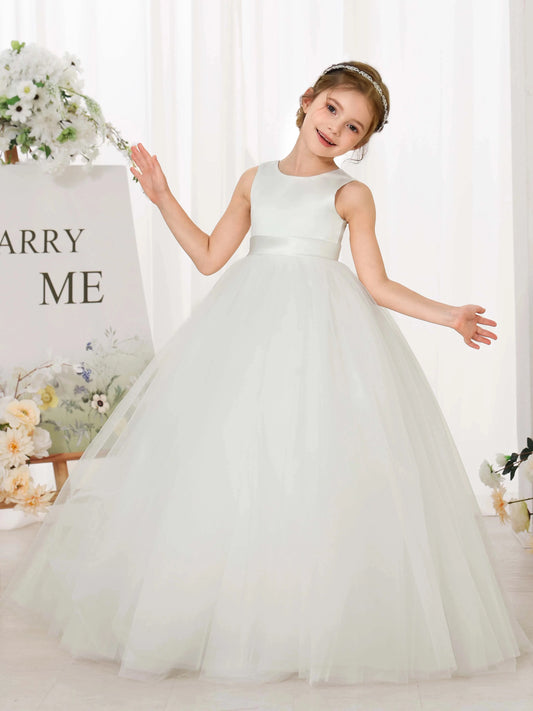 Minimalist Ball?Gown Round?Neck Sleeveless V?Back Floor?Length Flower Girl Dress