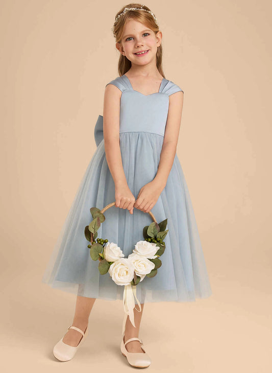 Elegant A?Line Sweetheart Off?Shoulder Cap Sleeve Open Back Midi Junior Bridesmaid Dress