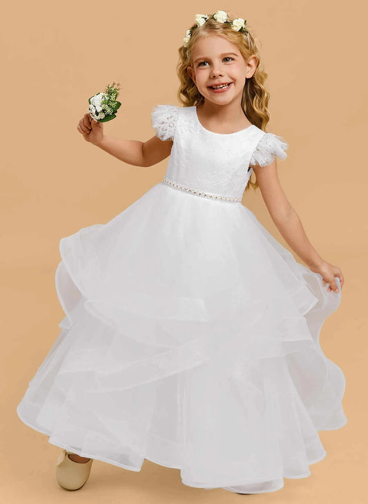 Elegant A?Line Round Neck Cap Sleeve V?Back Floor?Length First Communion Dress