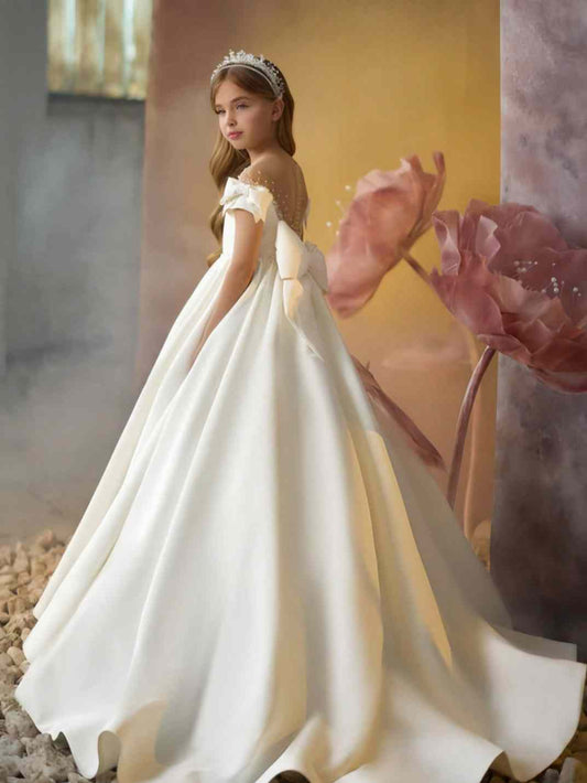Luxury Ballgown Off Shoulder Bow Sleeve Sheer Beaded Back Train Length Formal Girl Dress