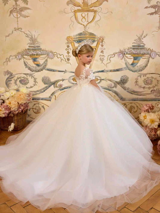 Luxury Ball Gown Round Neck Short Sleeve V Back Train Flower Girl Dress